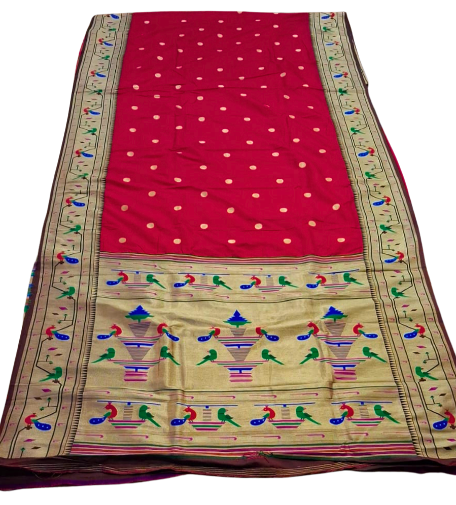 Red parrot and peacock border semi paithani saree