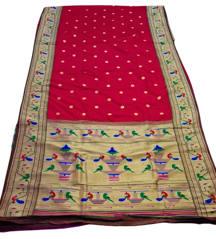 Red parrot and peacock border semi paithani saree