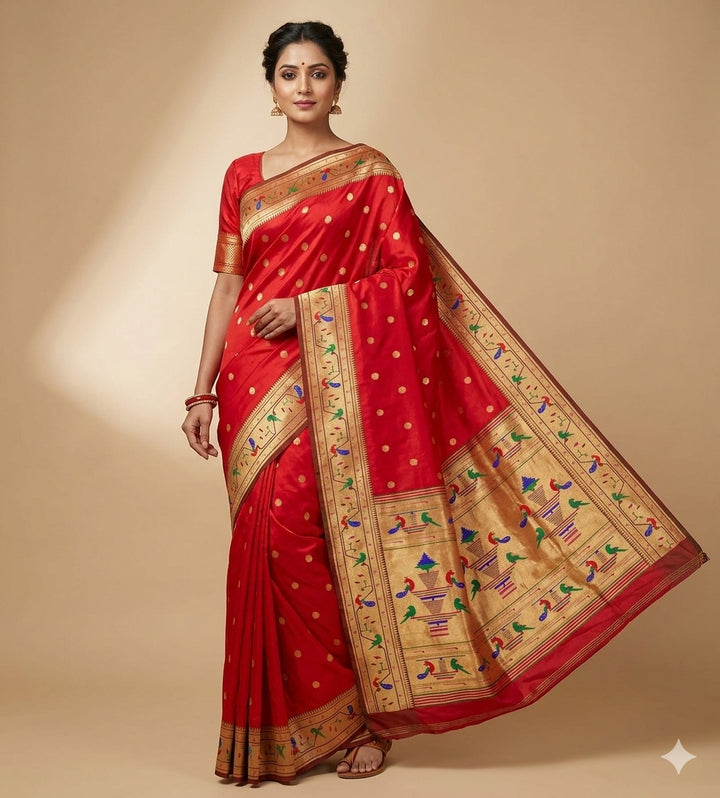 Red parrot and peacock border semi paithani saree