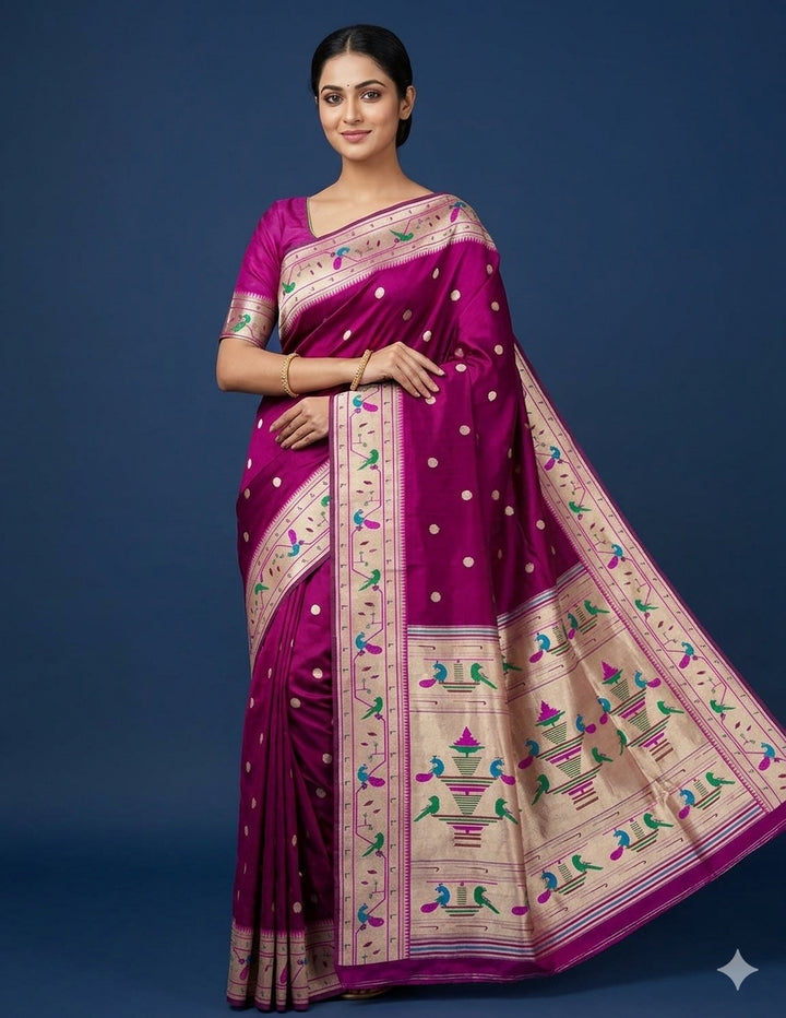 Wine parrot and peacock border semi paithani saree