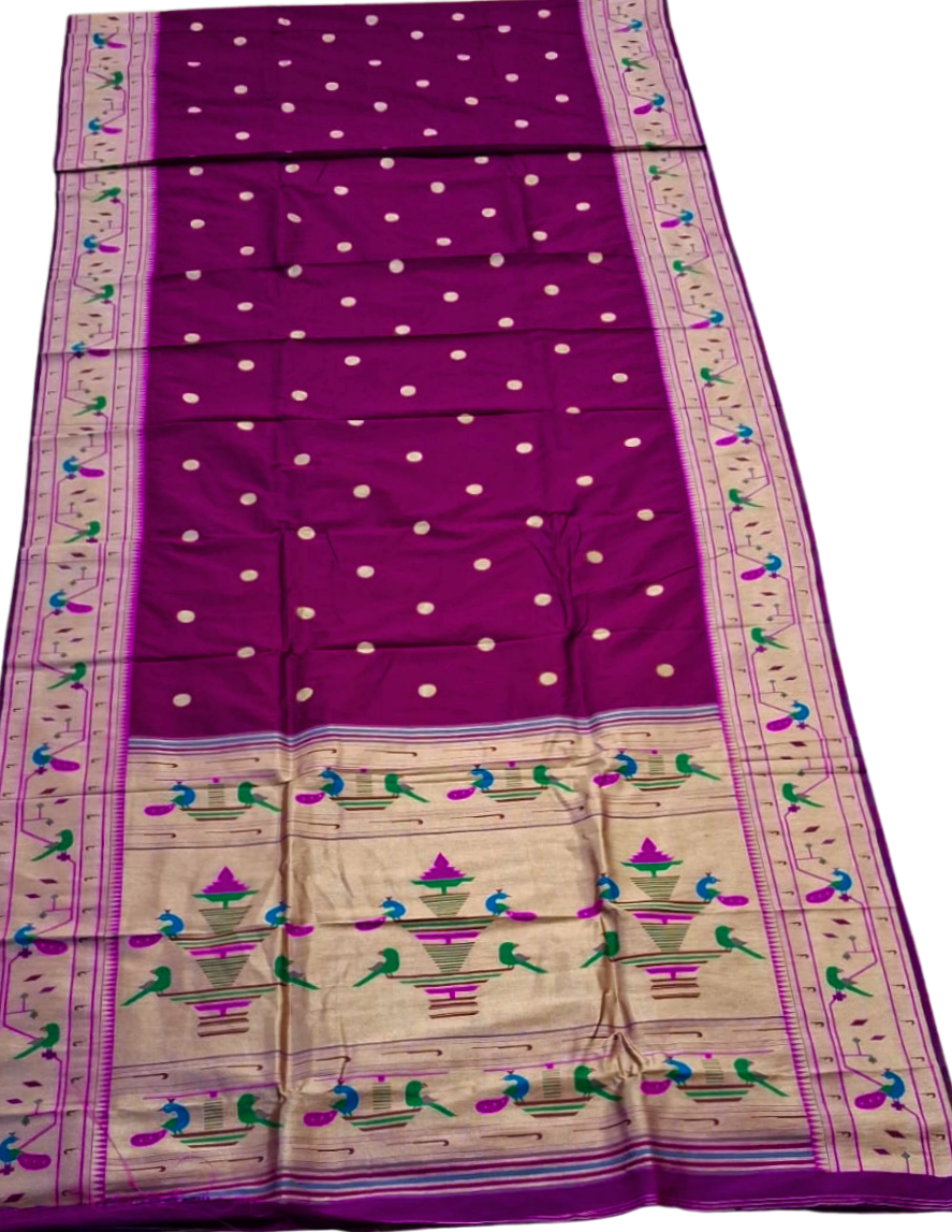 Wine parrot and peacock border semi paithani saree