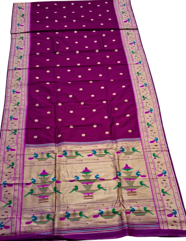 Wine parrot and peacock border semi paithani saree