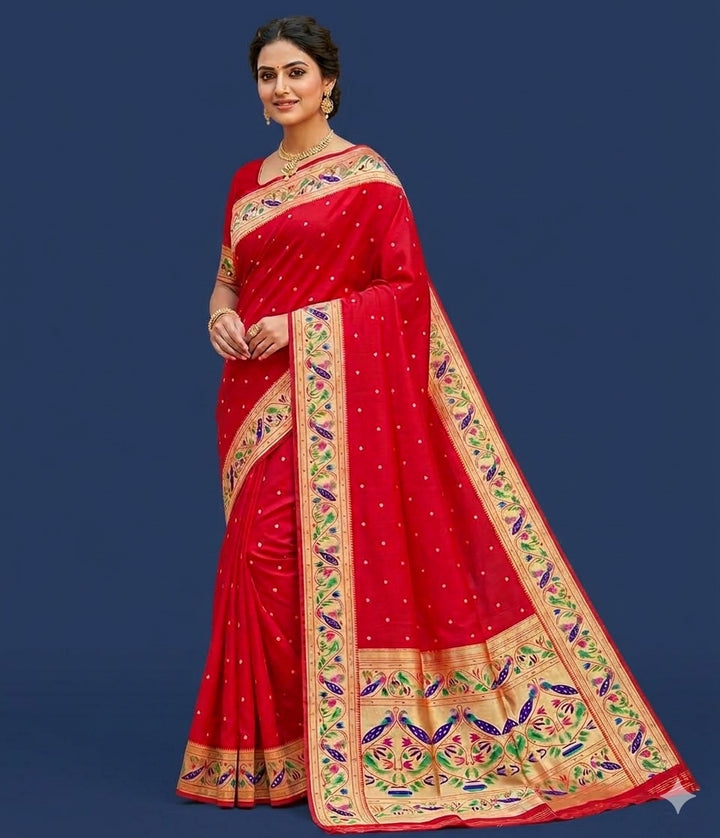 Red lotus and peacock border semi paithani saree