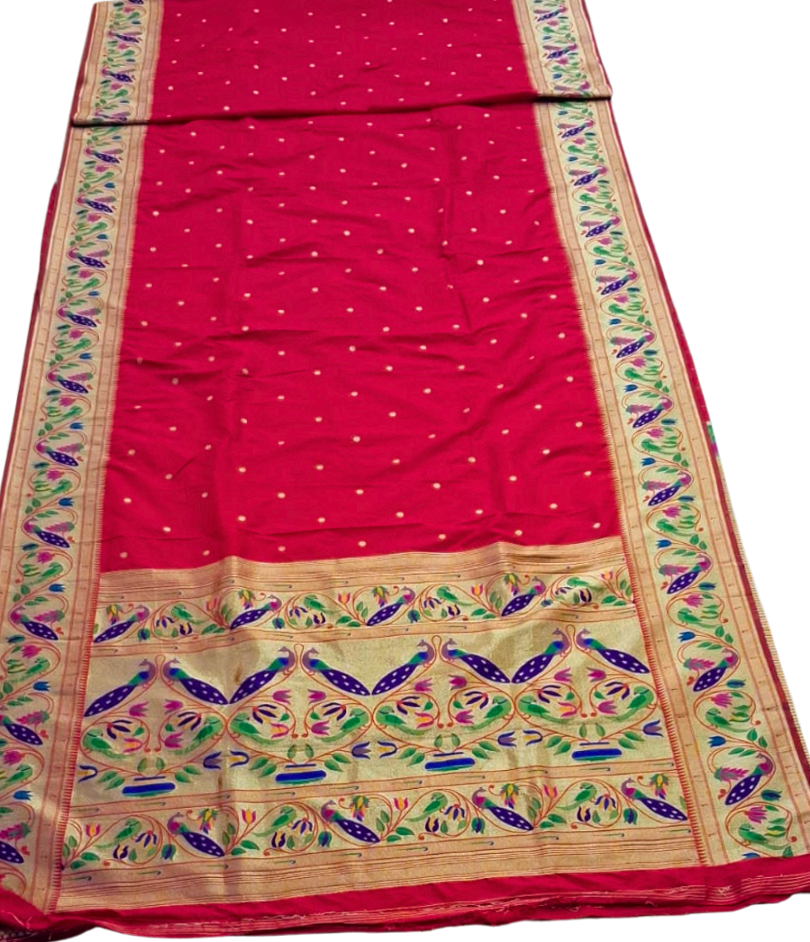 Red lotus and peacock border semi paithani saree