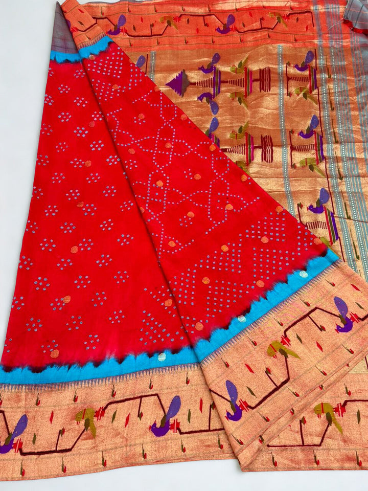 Red parrot and peacock border bandhani silk paithani saree