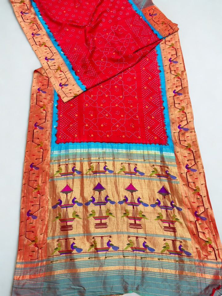 Red parrot and peacock border bandhani silk paithani saree