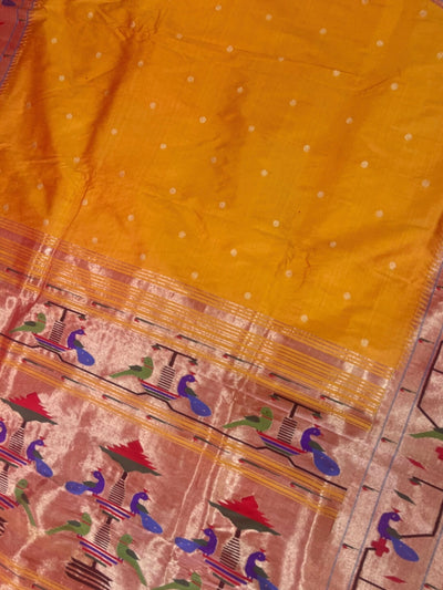 Golden Yellow Parrot and Peacock Border Silk Paithani Saree