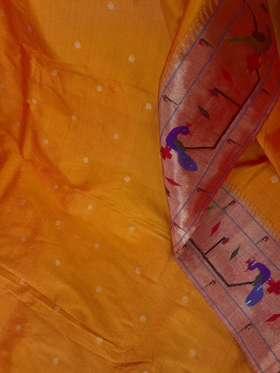 Golden Yellow Parrot and Peacock Border Silk Paithani Saree