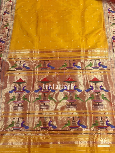 Golden yellow parrot and peacock border silk paithani saree