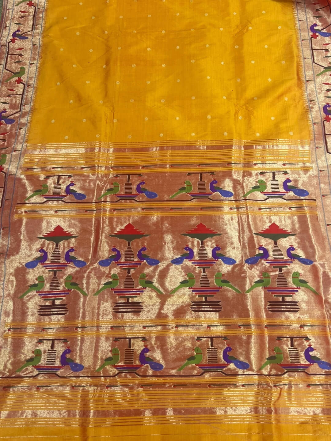 Golden Yellow Parrot and Peacock Border Silk Paithani Saree