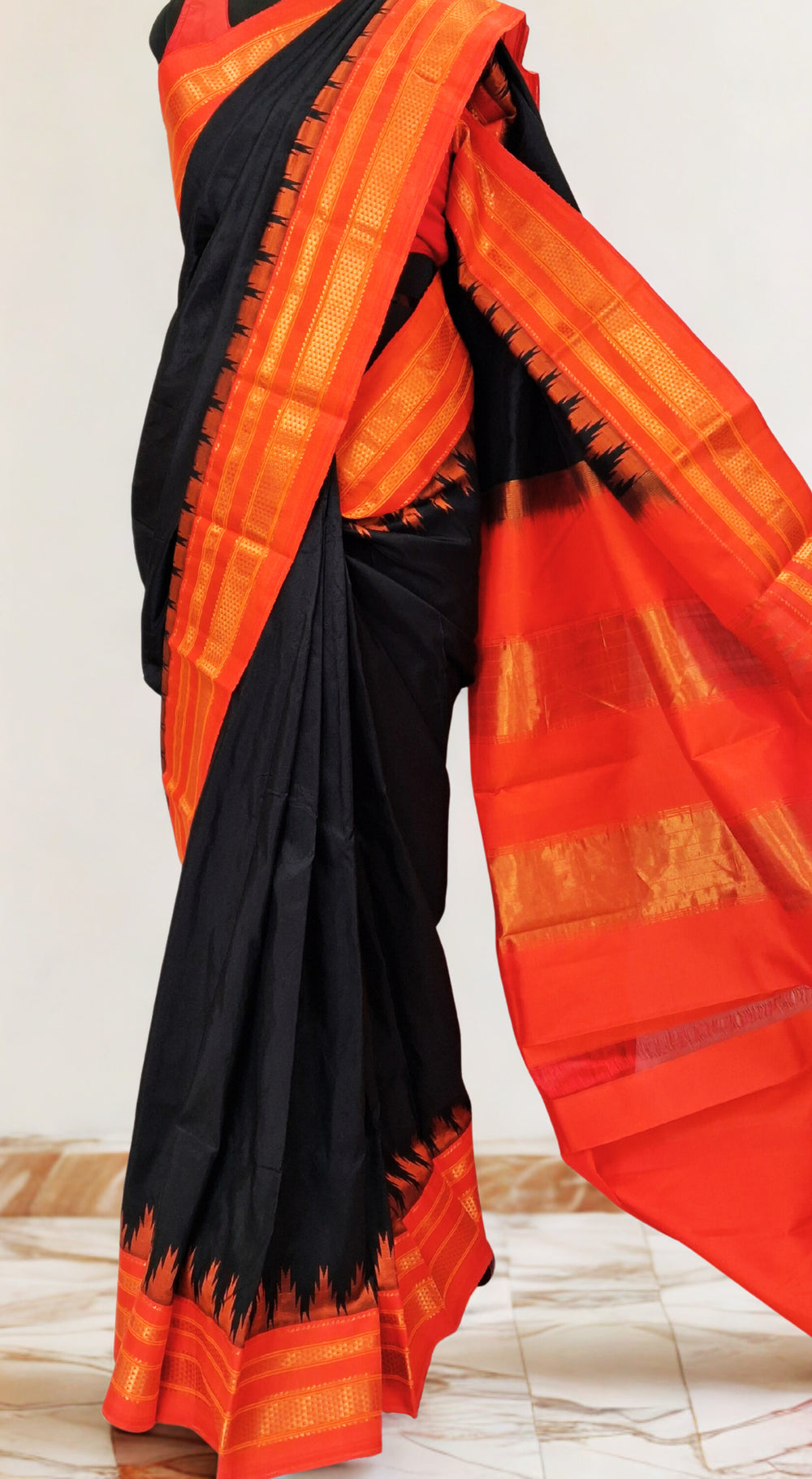 Black Ilkal Saree with Gold Zari Border