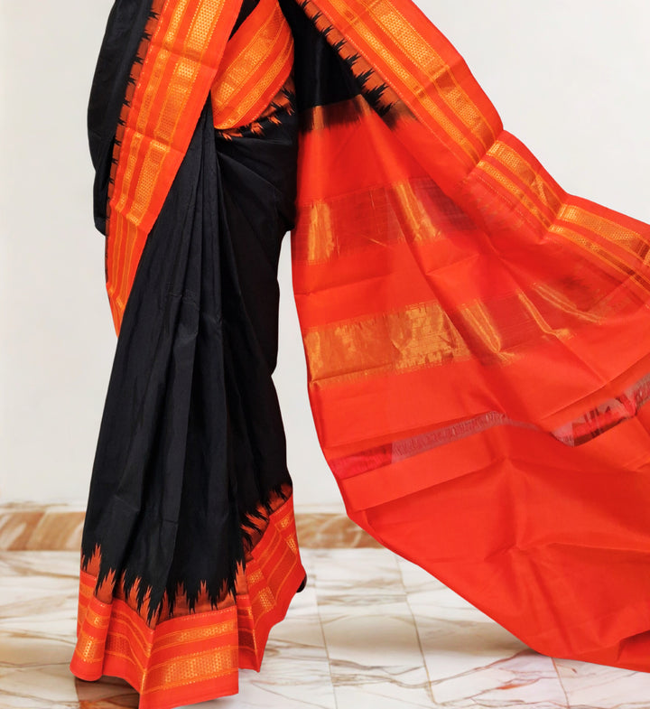 Black Ilkal Saree with Gold Zari Border
