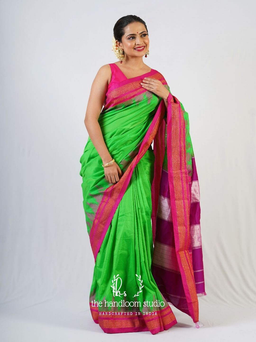 Parrot green cotton silk ilkal saree