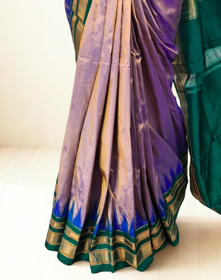 Mauve silk ilkal saree with green border