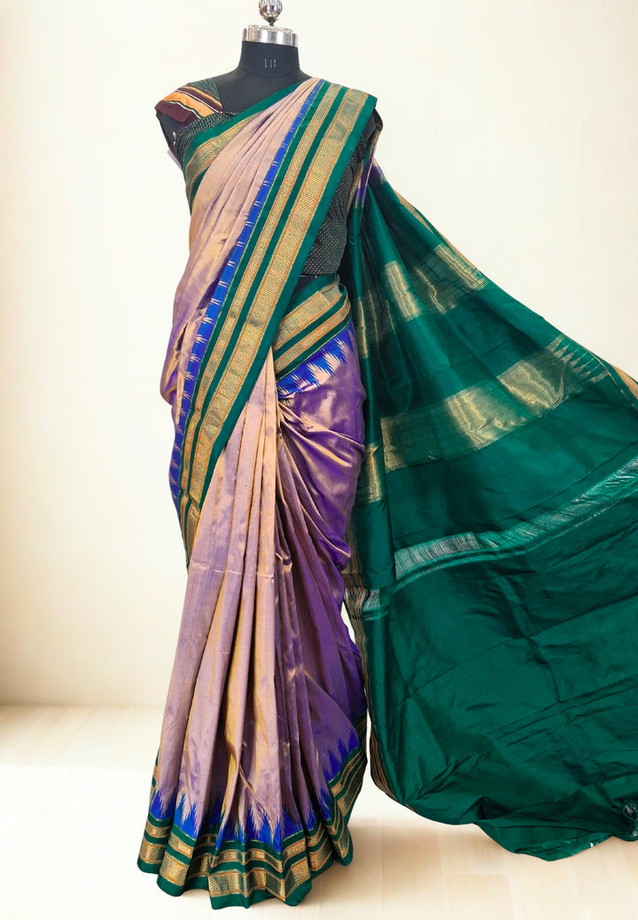 Mauve silk ilkal saree with green border