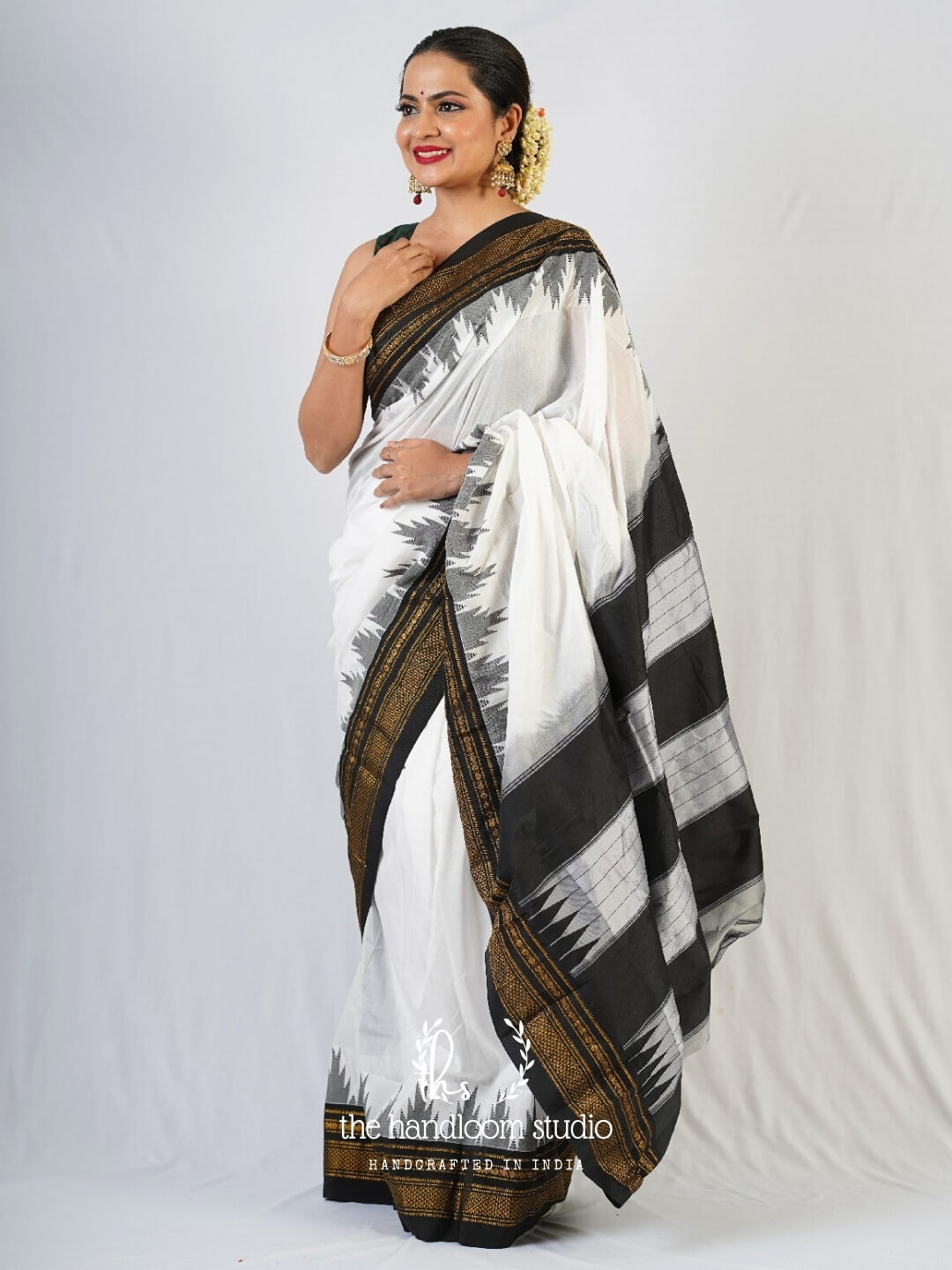 White ilkal cotton silk saree with black border