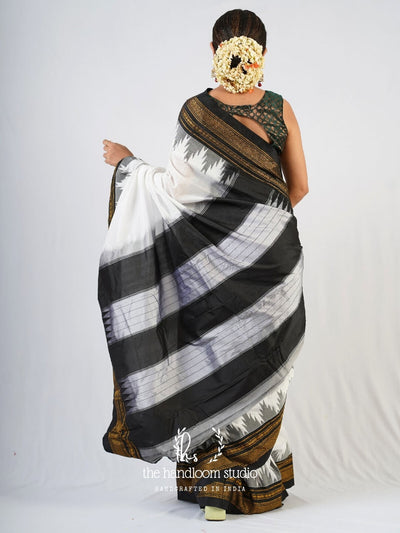 White ilkal cotton silk saree with black border