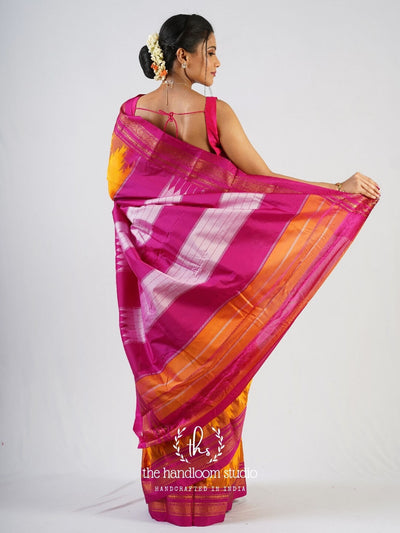 Yellow ilkal silk saree with pink contrast border