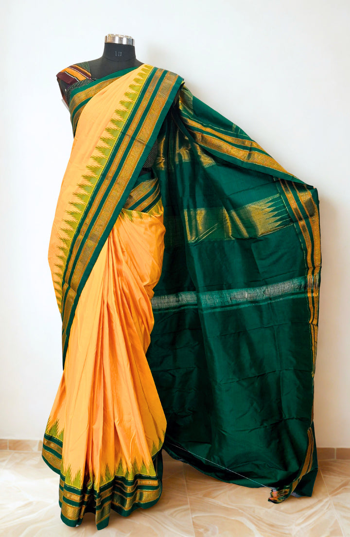 Yellow silk ilkal saree with green border