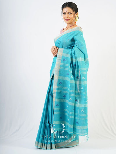 Sky blue cotton jamdani saree