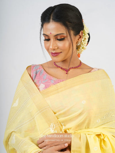 Pale yellow cotton jamdani saree