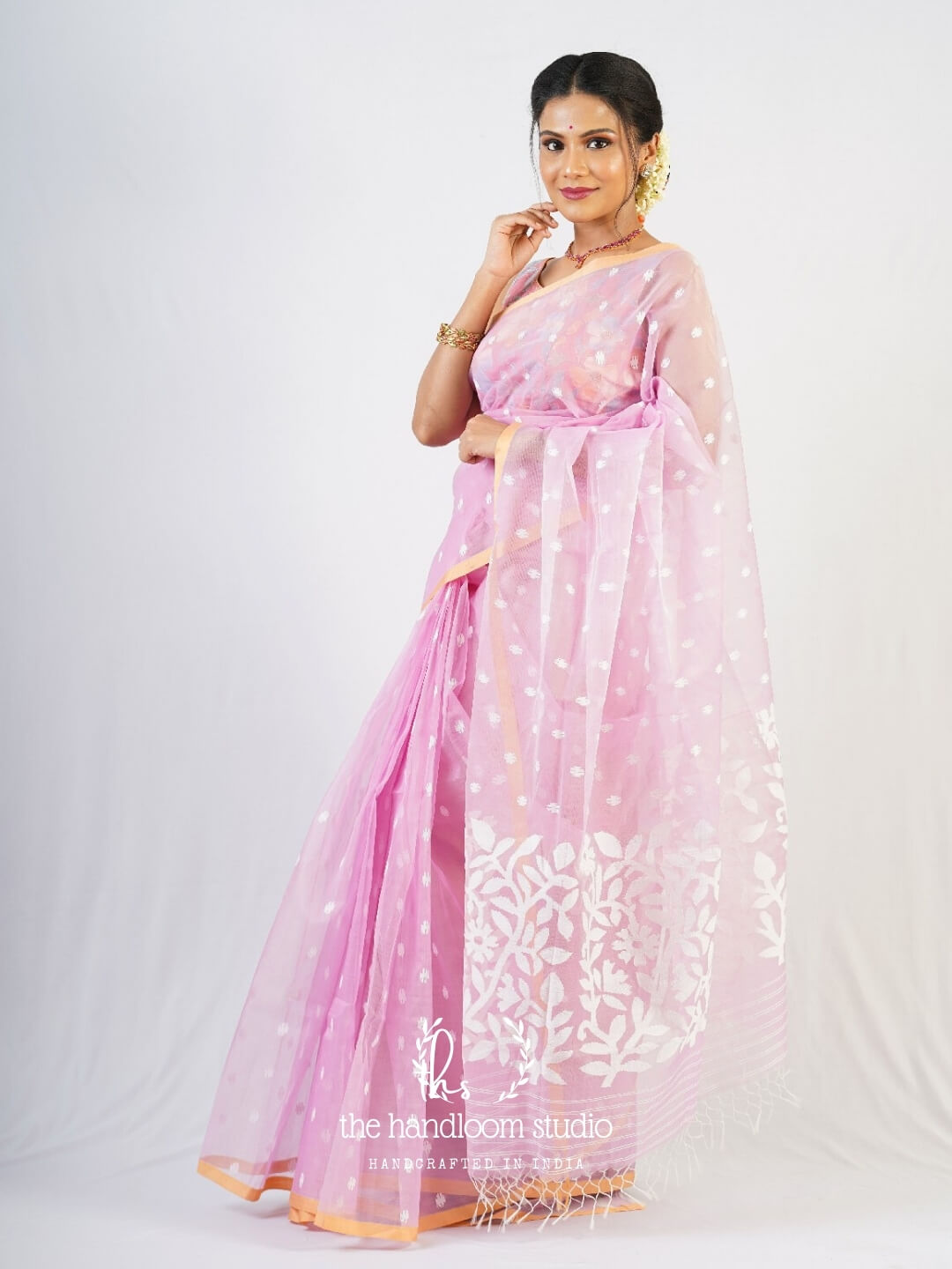 Baby pink jamdani cotton saree