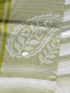 Offwhite Jamdani Cotton Handloom Saree with Lime Green Border