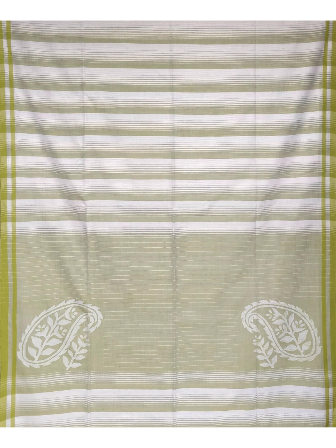 Offwhite Jamdani Cotton Handloom Saree with Lime Green Border