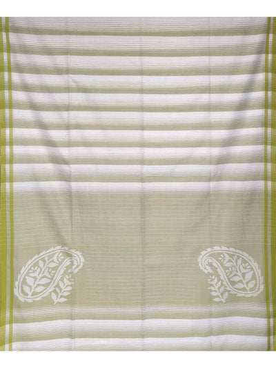 Offwhite Jamdani Cotton Handloom Saree with Lime Green Border