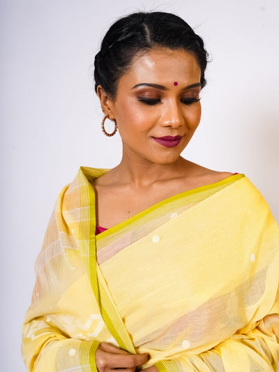 Lime Yellow Handloom Cotton Jamdani Saree