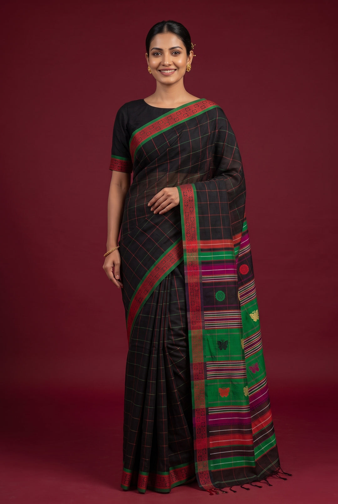 Black Checks Cotton Silk Saree