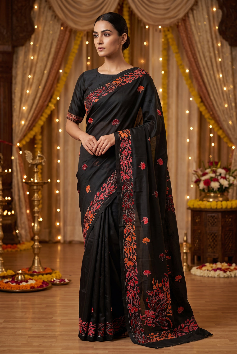 Black Pure Tussar with Hand Kantha Embroidery