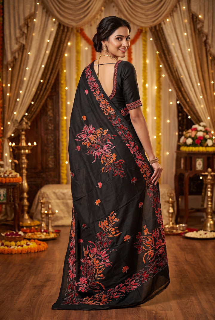 Black Pure Tussar with Hand Kantha Embroidery