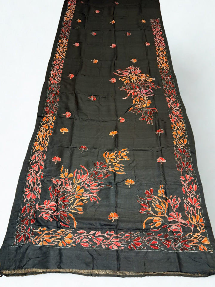 Black Pure Tussar with Hand Kantha Embroidery