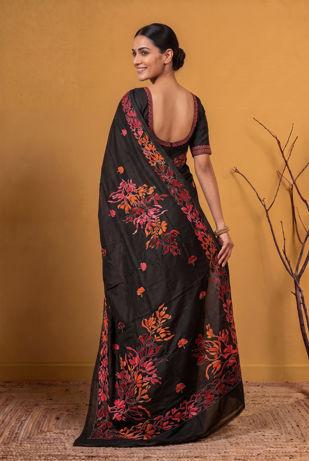 Black Pure Tussar with Hand Kantha Embroidery