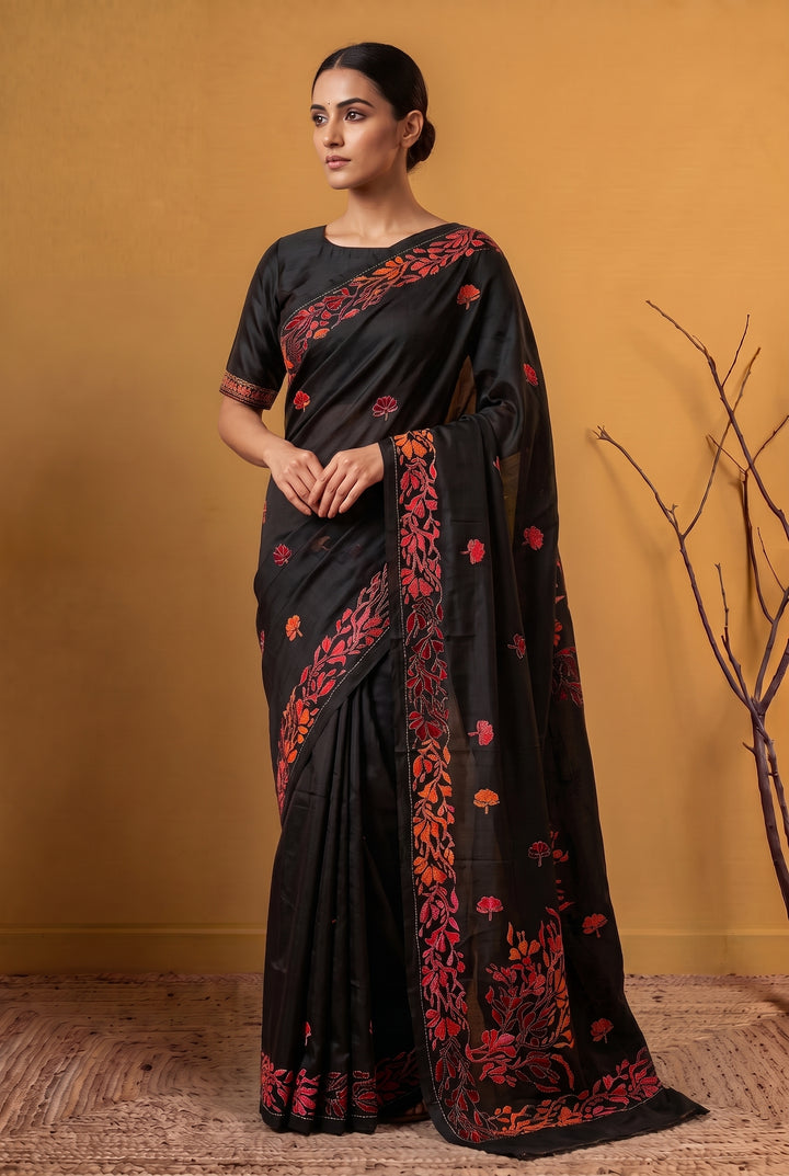 Black Pure Tussar with Hand Kantha Embroidery