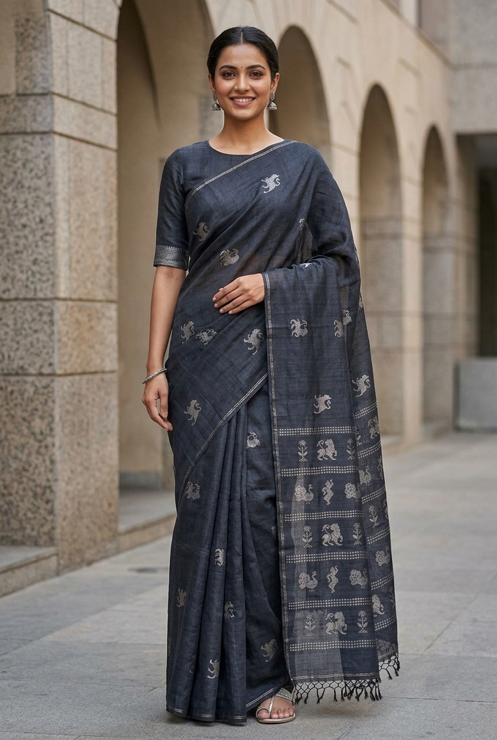 Black Pure Tussar Silk Saree