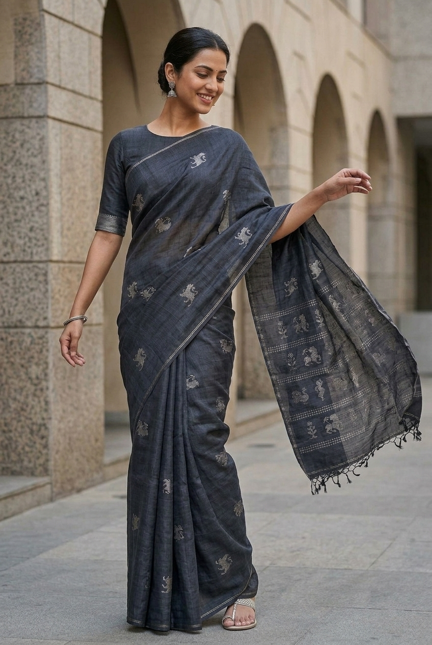 Black Pure Tussar Silk Saree