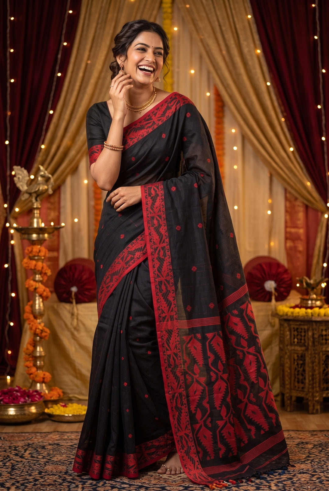 Black Cotton Saree with Dhakai Border