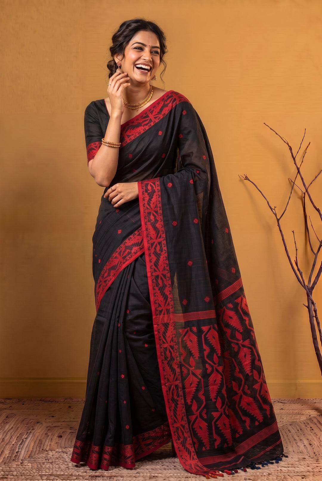 Black Cotton Saree with Jamdani Border