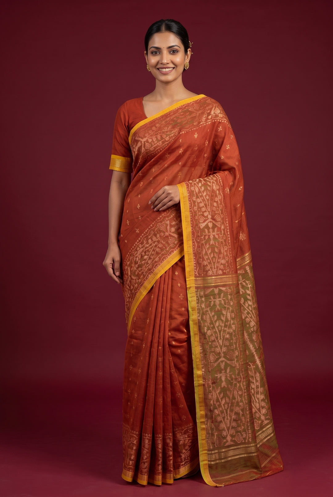 Rust Dhakai Cotton Silk Saree