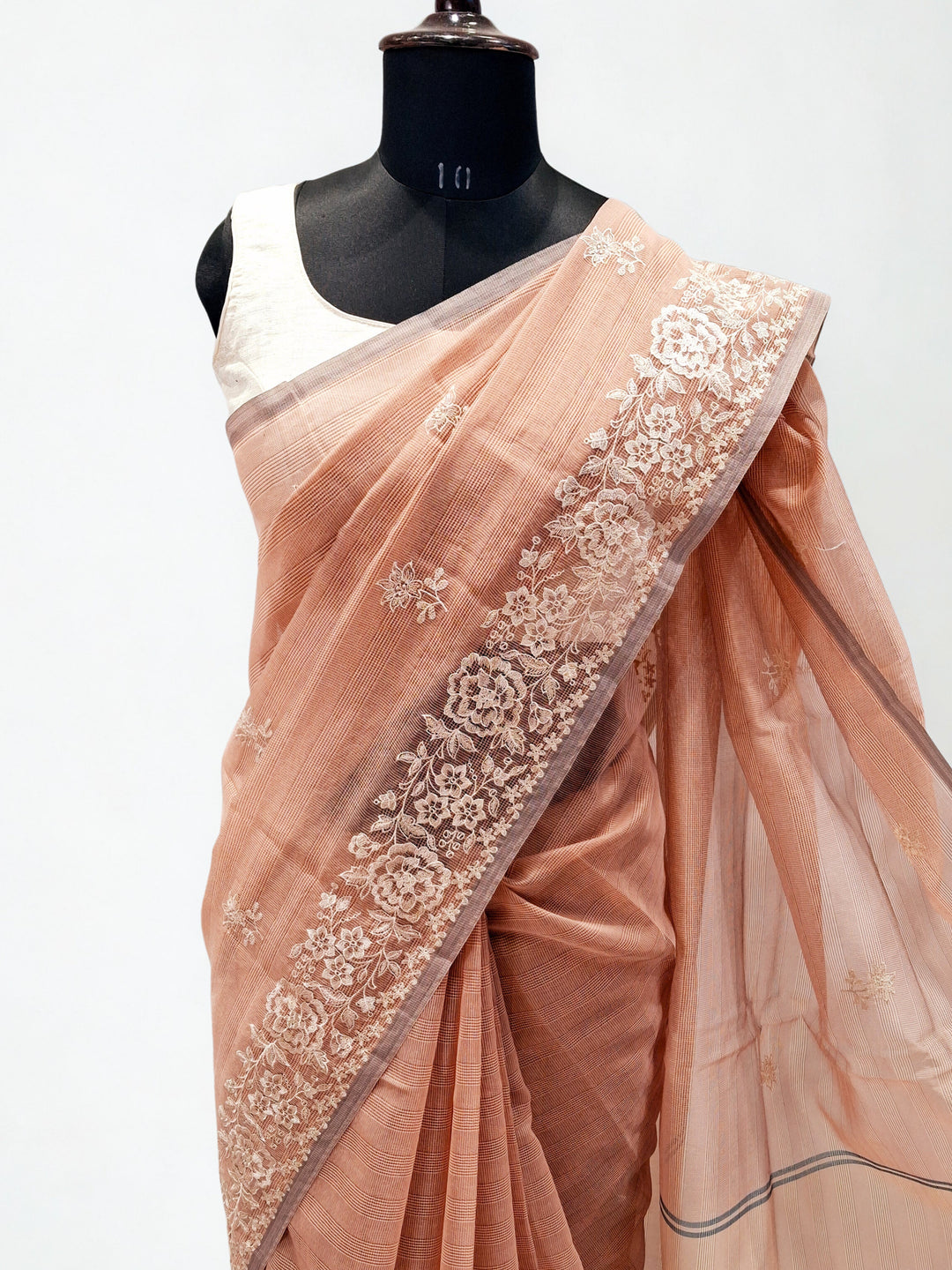 Muted peach kota doria saree