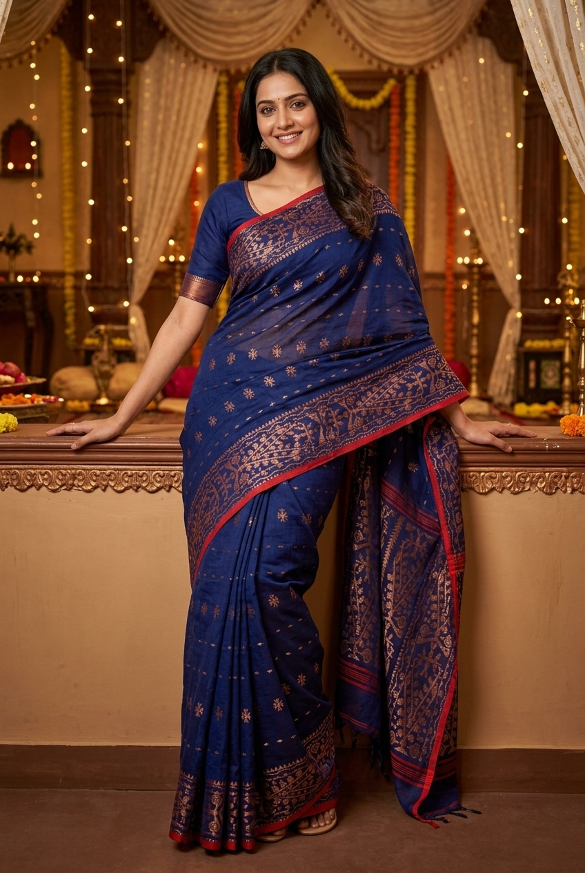 Navy Blue Dhakai Cotton Silk Saree