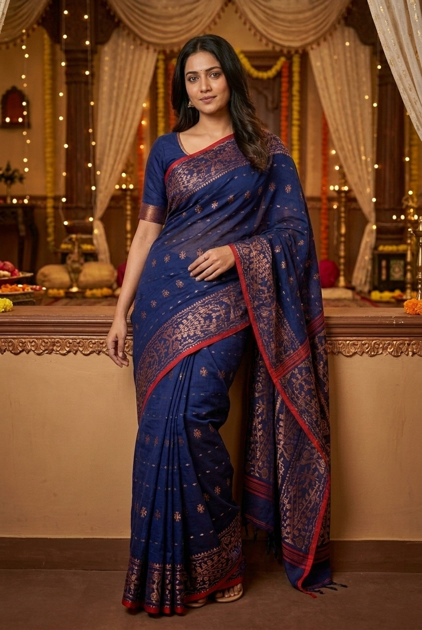 Navy Blue Dhakai Cotton Silk Saree