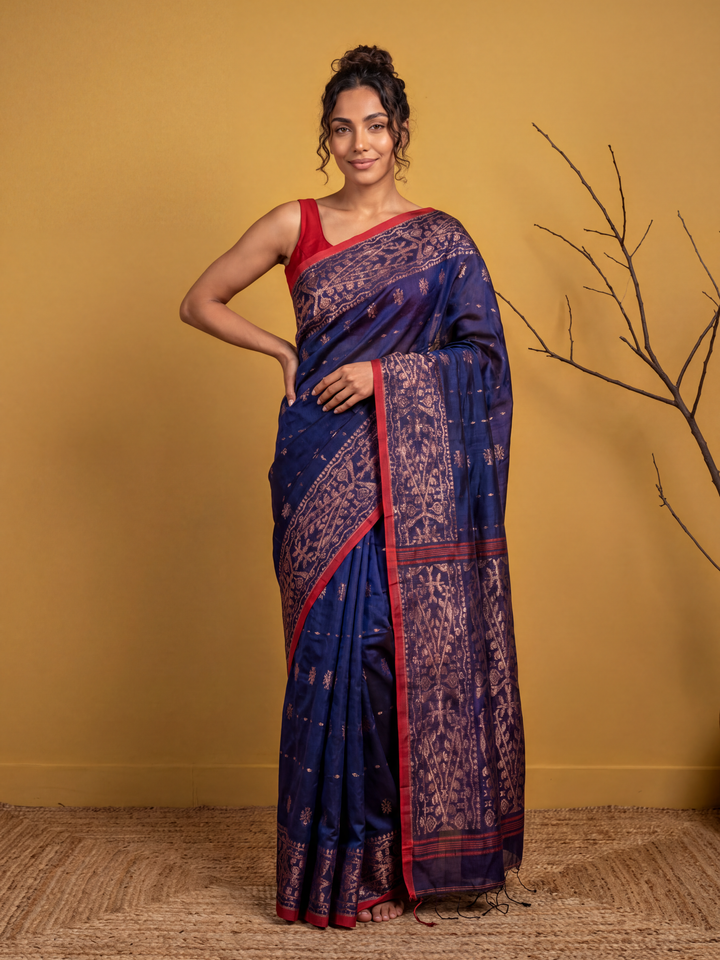 Navy Blue Jamdani Cotton Silk Saree