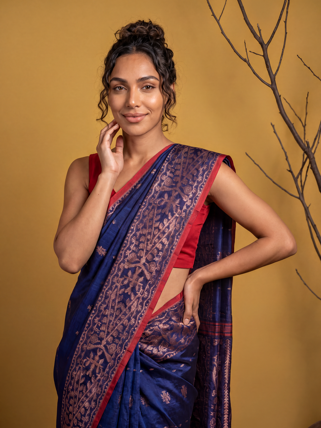 Navy Blue Jamdani Cotton Silk Saree
