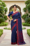 Navy Blue Cotton Saree with Dhakai Border