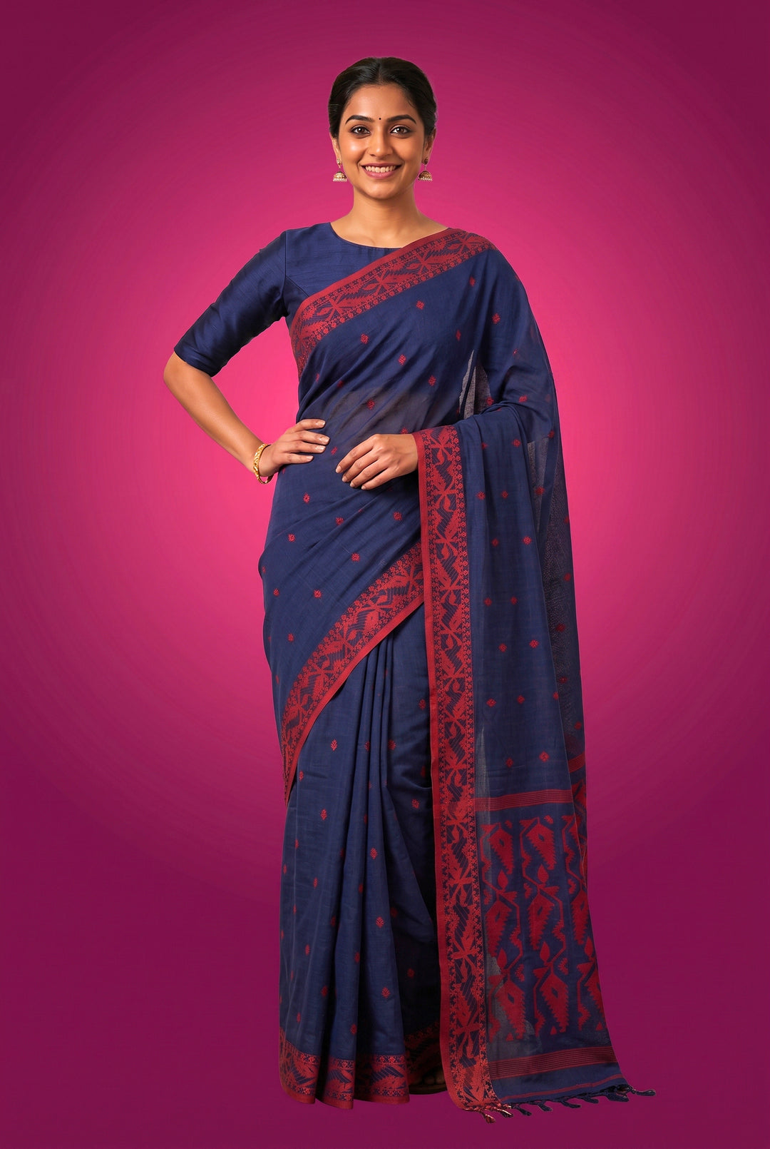 Navy Blue Cotton Saree with Jamdani Border