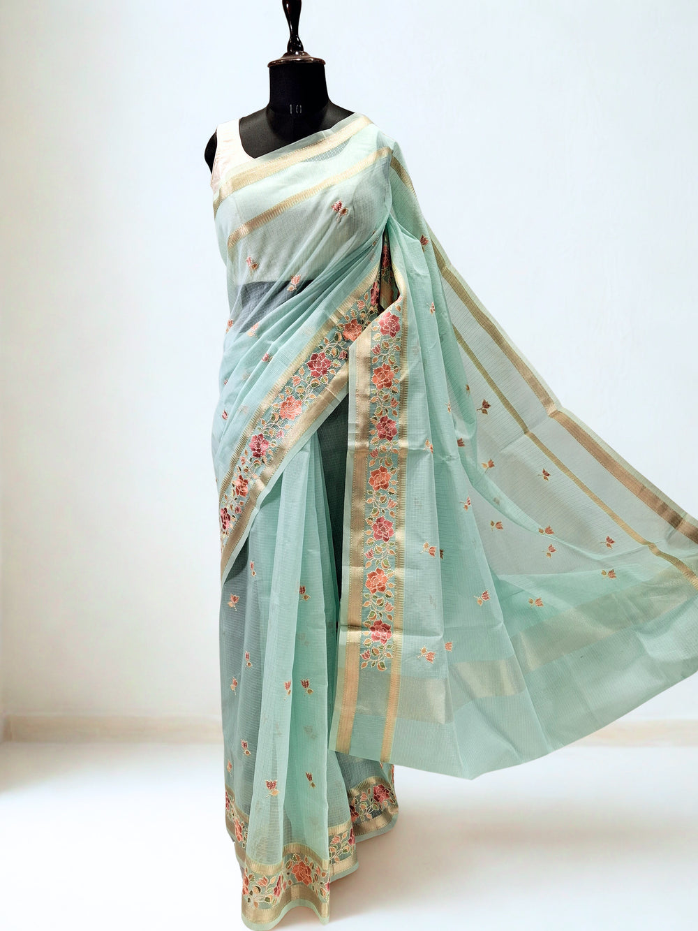 Seafoam Green Kota Doria Saree