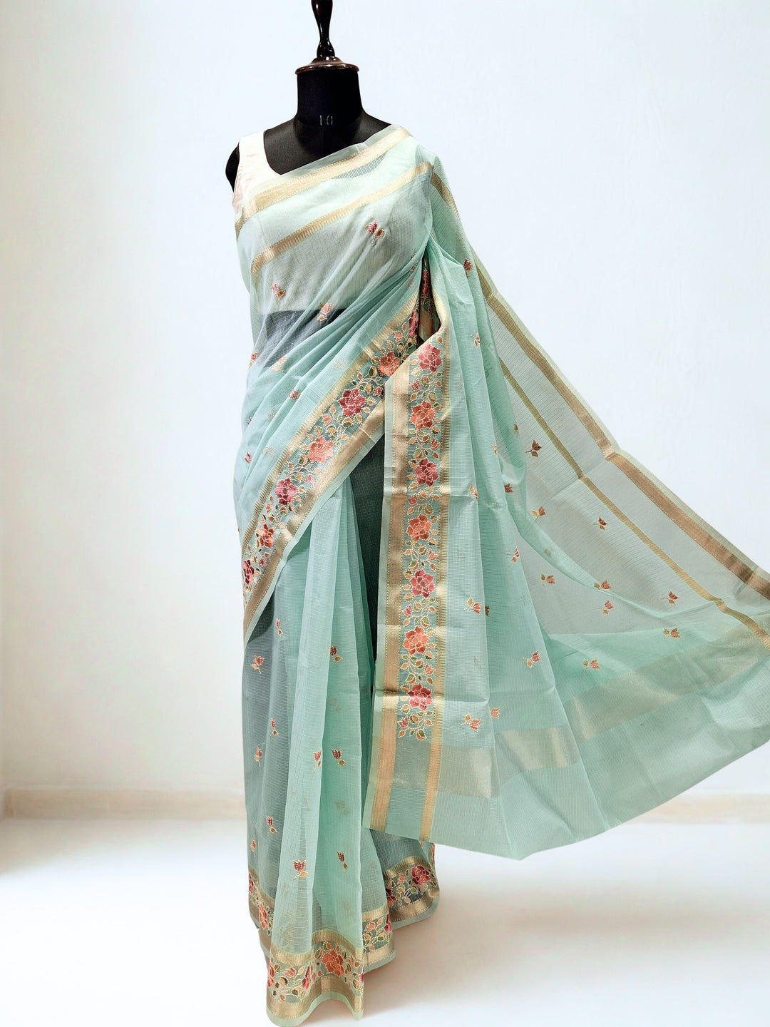 Seafoam Green Kota Doria Saree